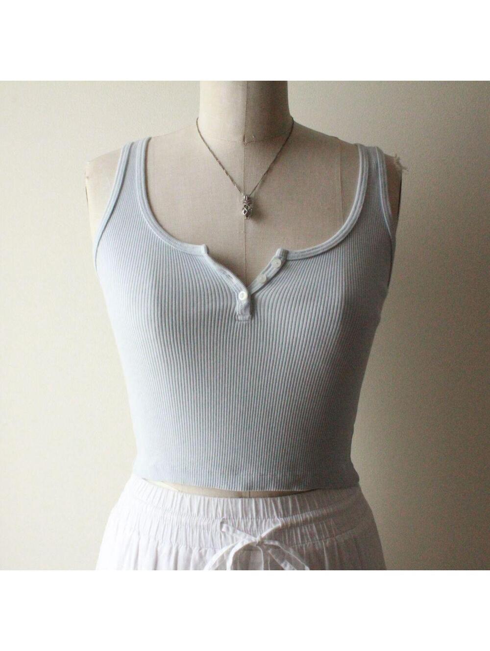 Brandy Melville Baby Blue Ribbed Henley Tank Top Y2K Fitted Cotton Scoop Neck